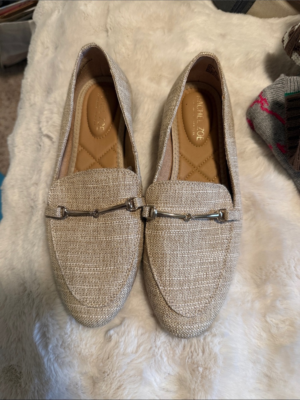Rachel Zoe Beige Tweed Loafers with Silver Bit